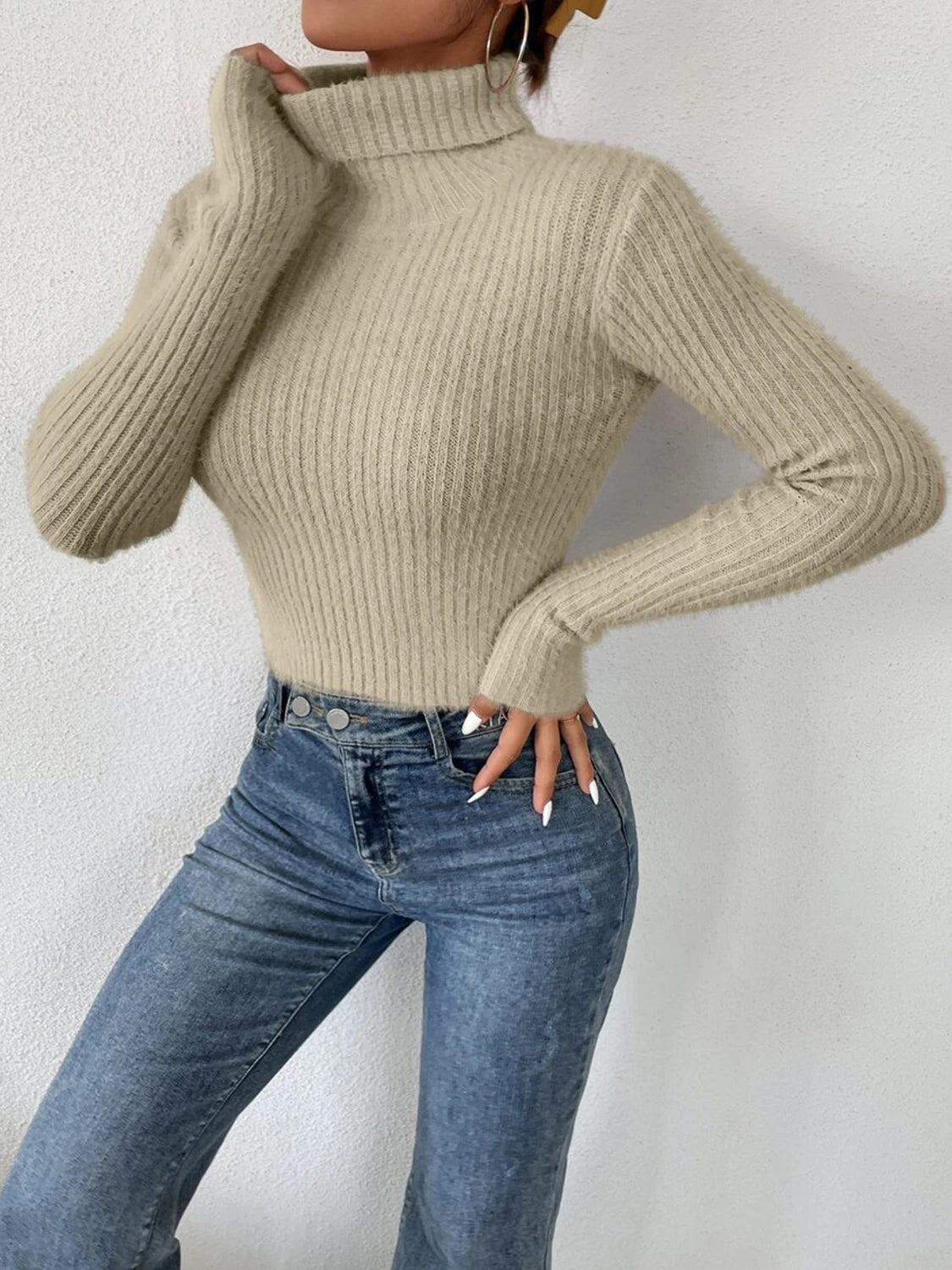 Ribbed Turtleneck Long Sleeve Sweater - Tantalize Boutique