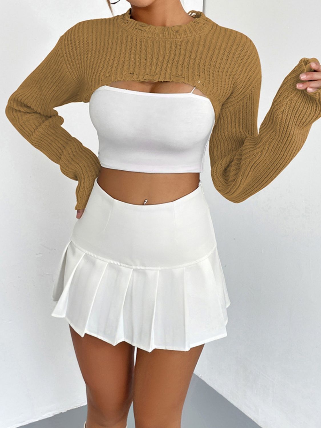 Distressed Long Sleeve Cropped Sweater - Tantalize Boutique