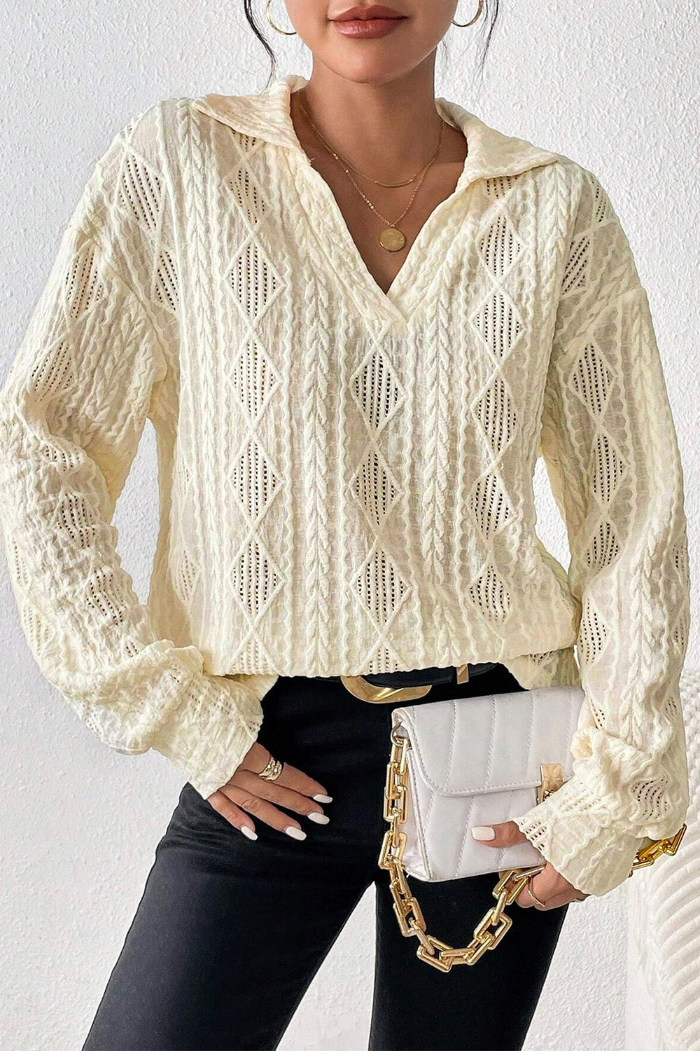 Eyelet Johnny Collar Dropped Shoulder Blouse - Tantalize Boutique