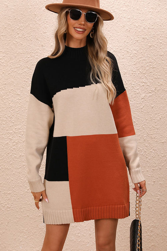 Color Block Mock Neck Dropped Shoulder Sweater Dress - Tantalize Boutique