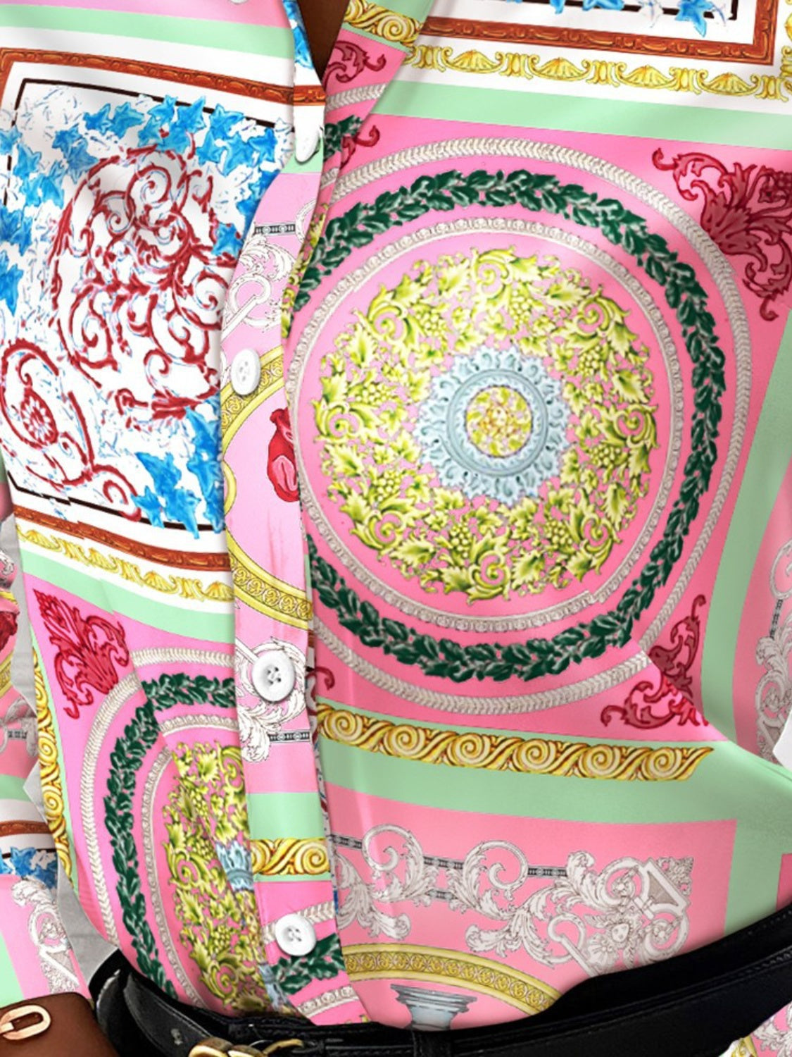 Printed Collared Neck Long Sleeve Shirt - Tantalize Boutique