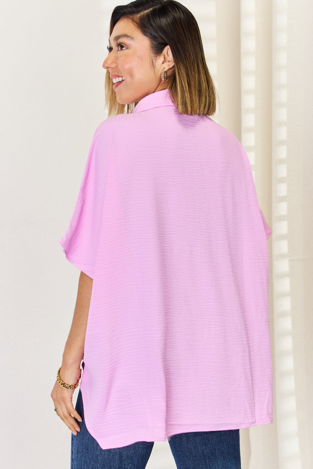 Zenana Texture Button Up Short Sleeve High-Low Shirt - Tantalize Boutique