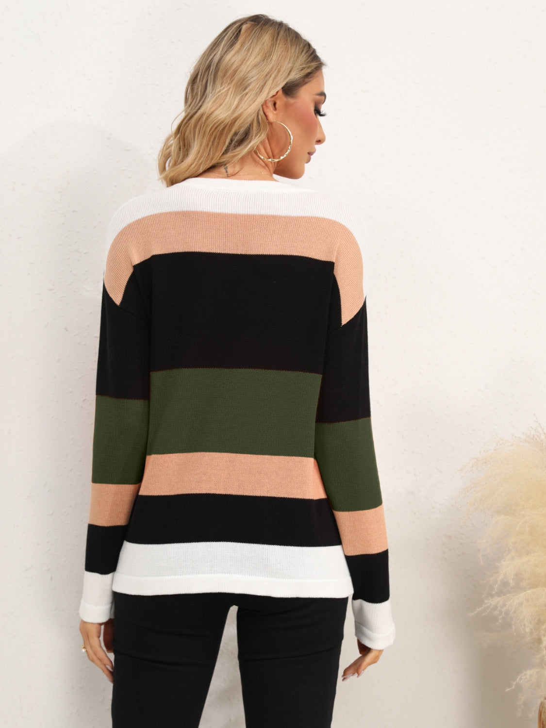 Striped Round Neck Dropped Shoulder Sweater - Tantalize Boutique