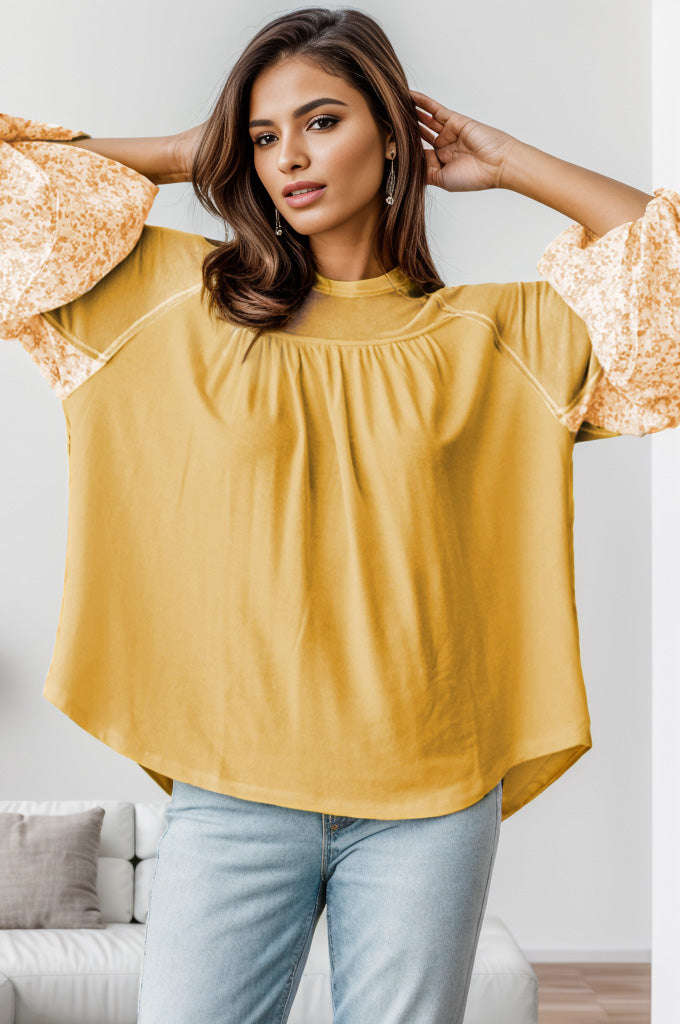 Printed Detail Balloon Sleeve Blouse - Tantalize Boutique