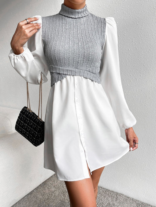 Turtleneck Puff Sleeve Mini Dress - Tantalize Boutique