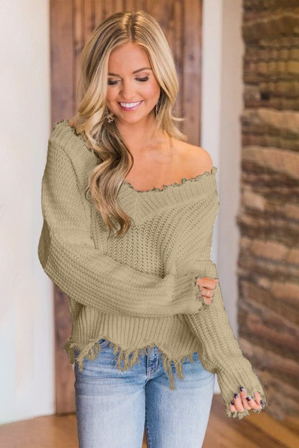 Frayed Hem Dropped Shoulder Sweater - Tantalize Boutique