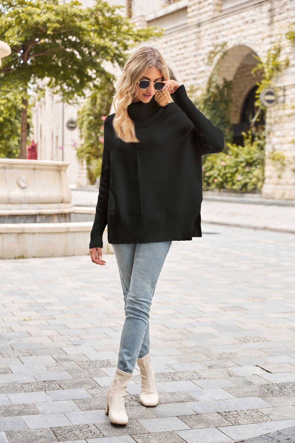 Ribbed Turtleneck Long Sleeve Slit Sweater - Tantalize Boutique