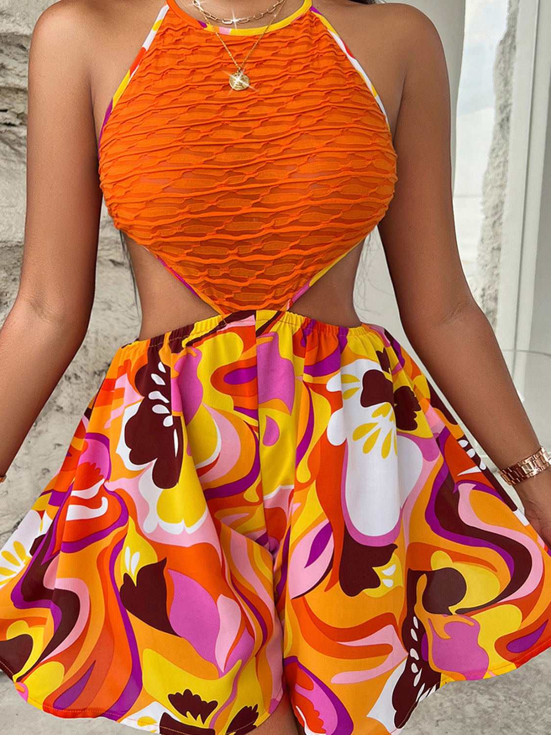 Sleeveless Cutout Printed Mini Dress - Tantalize Boutique
