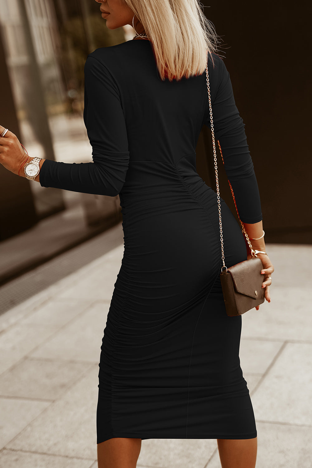 Ruched Surplice Long Sleeve Midi Dress - Tantalize Boutique
