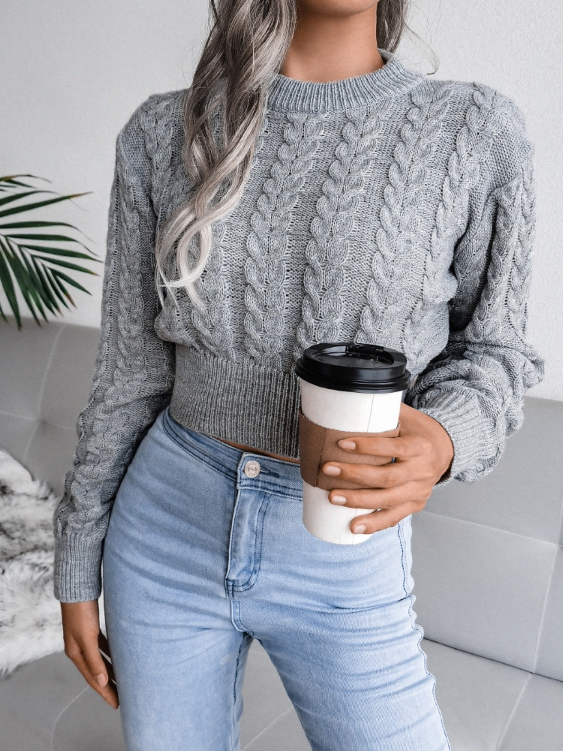 Cable-Knit Round Neck Sweater - Tantalize Boutique
