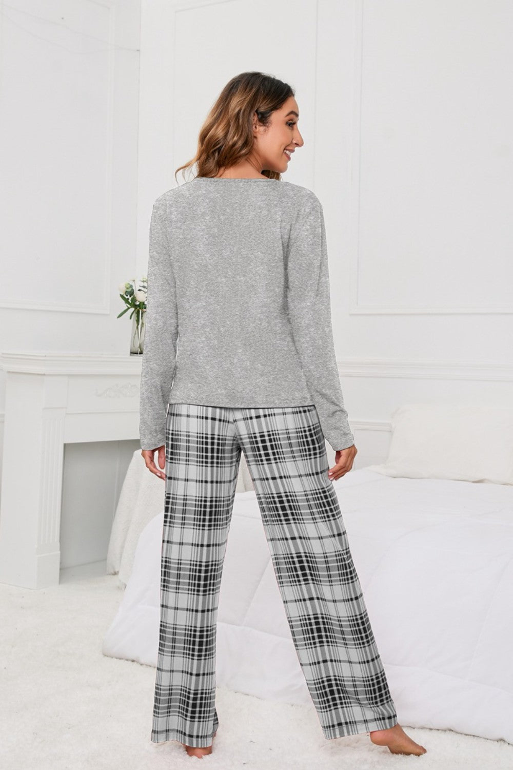 Round Neck Long Sleeve Top and Bow Plaid Pants Lounge Set - Tantalize Boutique