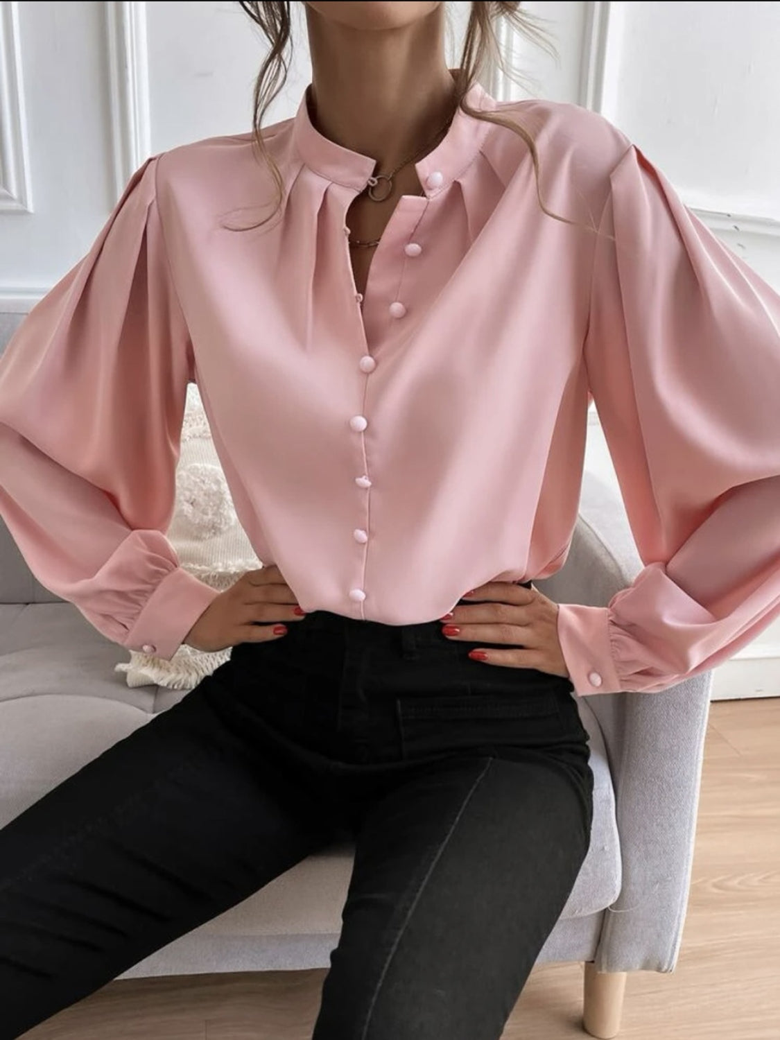 Mock Neck Button Front Shirt - Tantalize Boutique