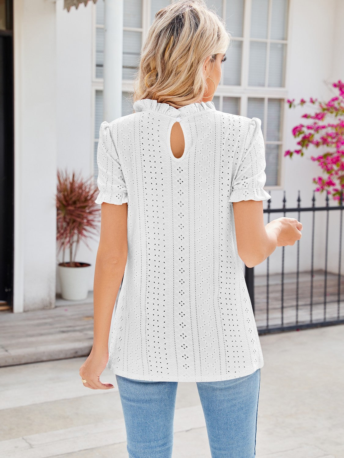 Eyelet Frill Mock Neck Flounce Sleeve Blouse - Tantalize Boutique