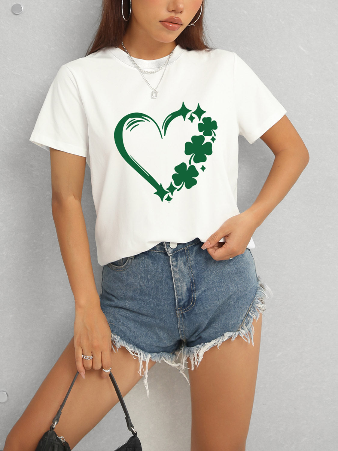 Heart Lucky Clover Round Neck Short Sleeve T-Shirt - Tantalize Boutique