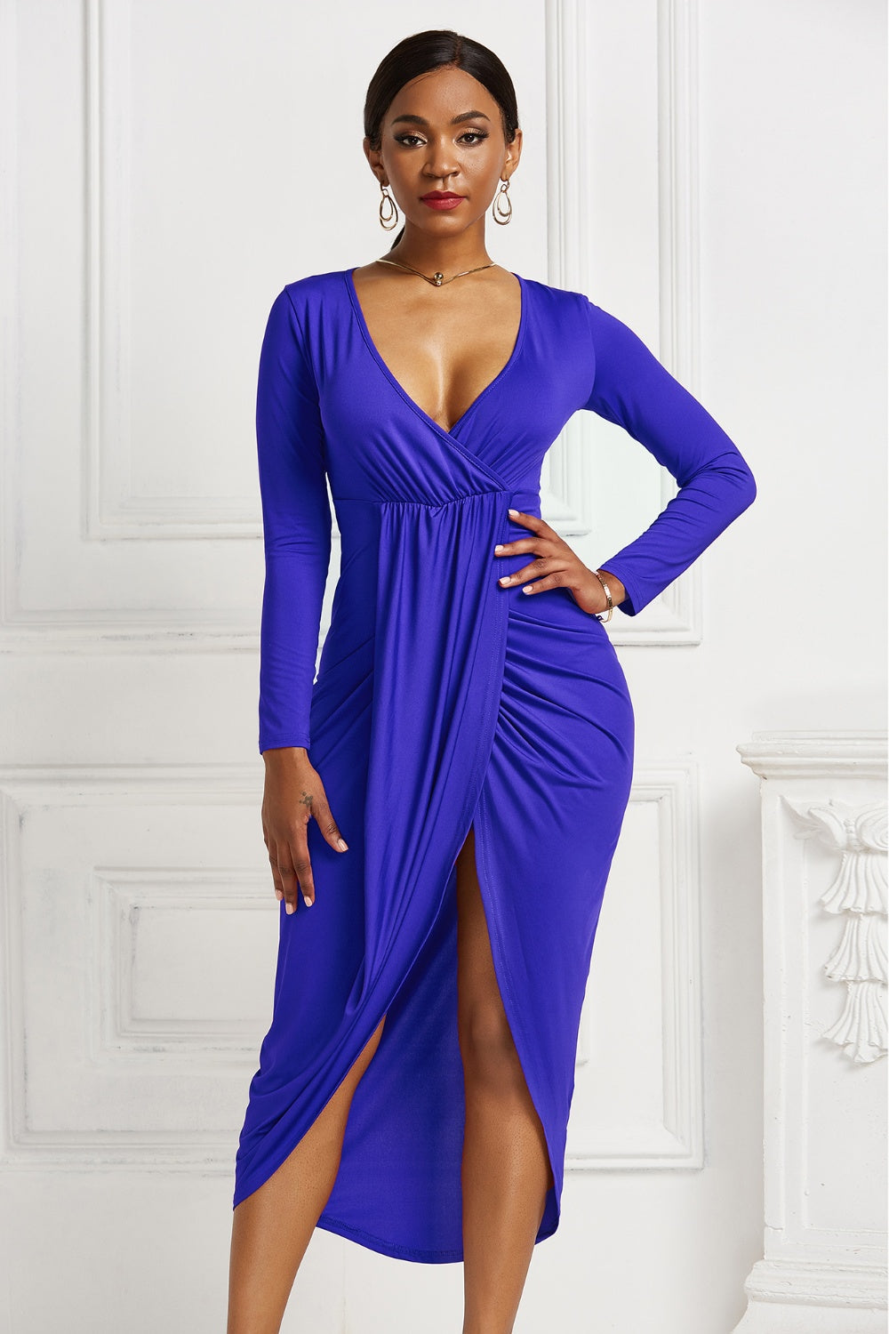 High-low Ruched Surplice Long Sleeve Dress - Tantalize Boutique