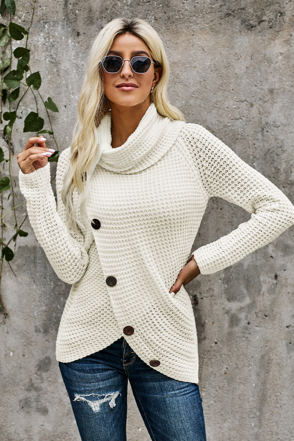 Decorative Button Mock Neck Sweater - Tantalize Boutique