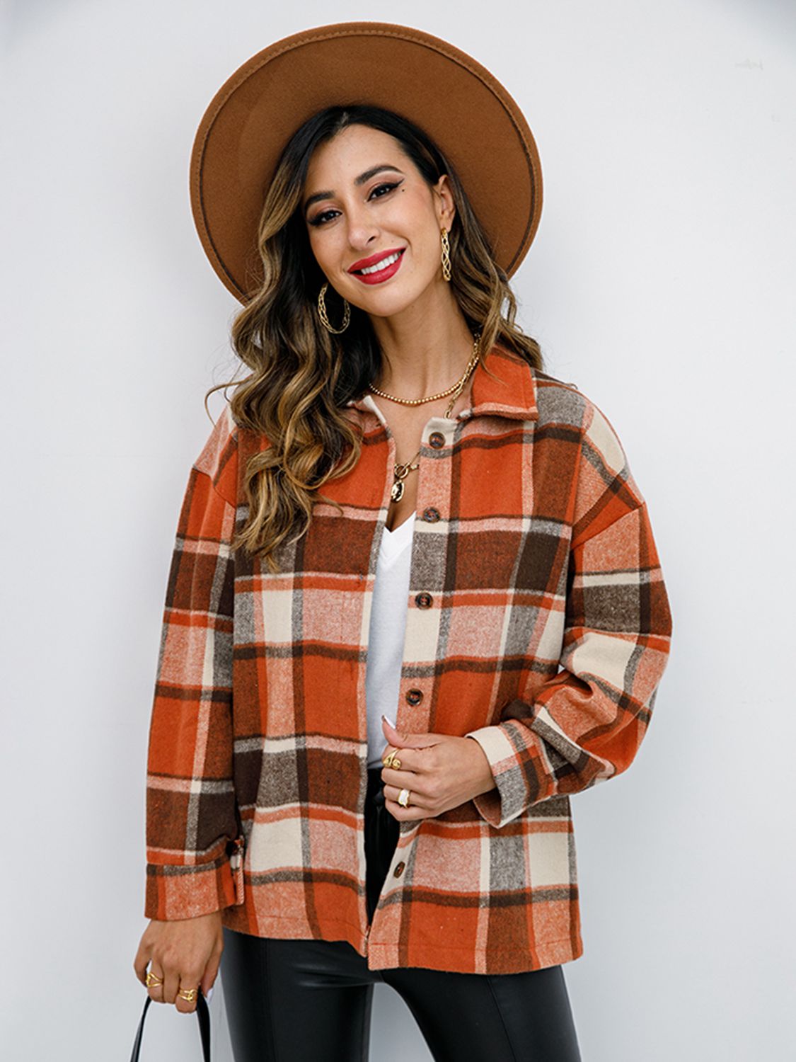 Plaid Button Up Collared Neck Jacket - Tantalize Boutique