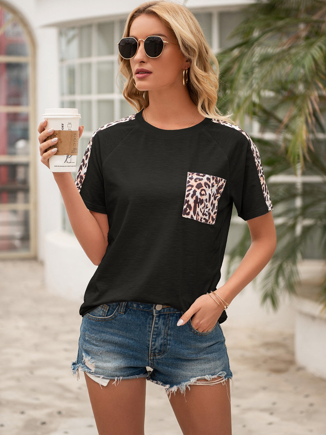 Pocketed Leopard Round Neck Short Sleeve T-Shirt - Tantalize Boutique