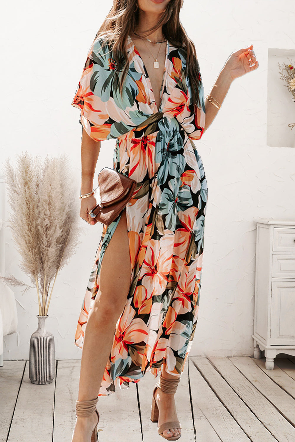 Plunge Split Printed Short Sleeve Dress - Tantalize Boutique