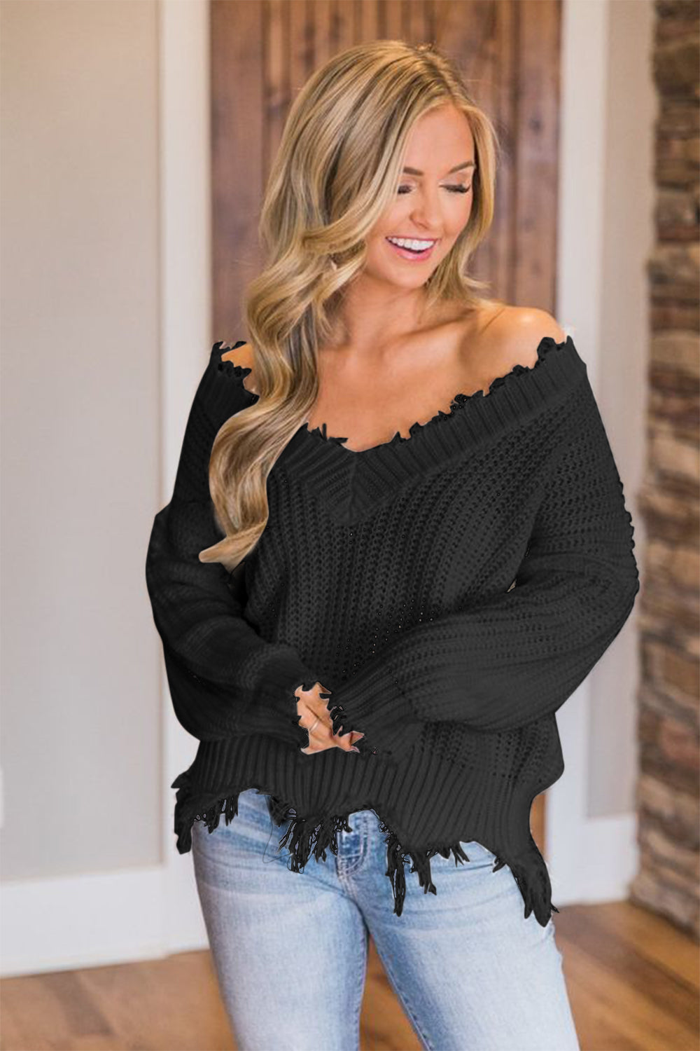 Frayed Hem Dropped Shoulder Sweater - Tantalize Boutique