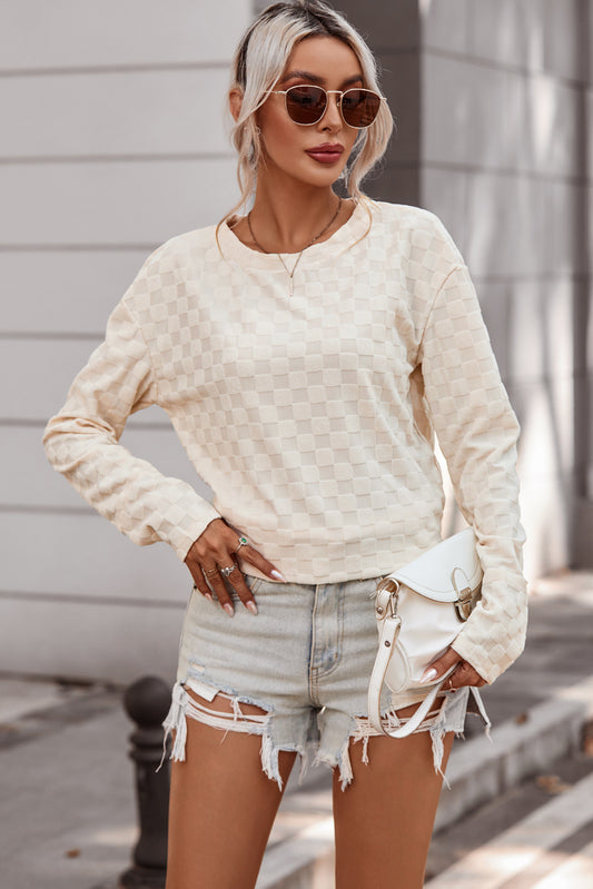 Checkered Round Neck Long Sleeve T-Shirt - Tantalize Boutique