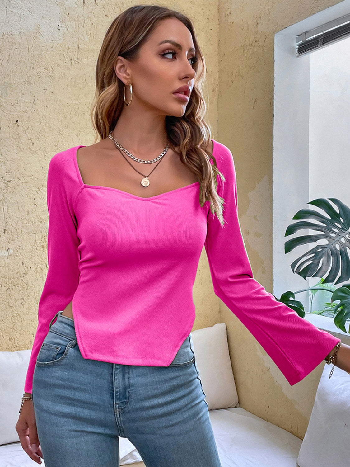 Slit Sweetheart Neck Flare Sleeve T-Shirt - Tantalize Boutique