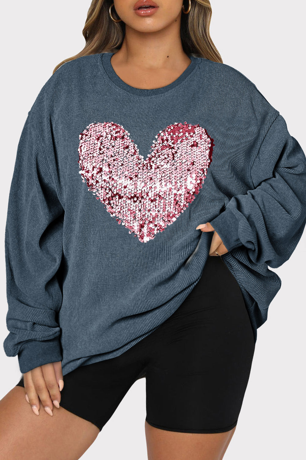 Plus Size Heart Sequin Round Neck Sweatshirt - Tantalize Boutique