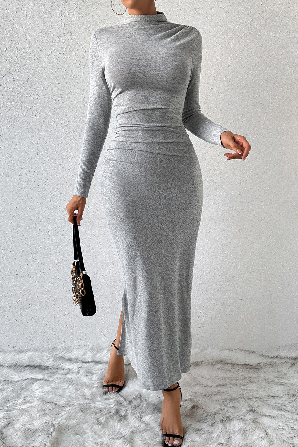 Heathered Slit Mock Neck Wrap Dress - Tantalize Boutique