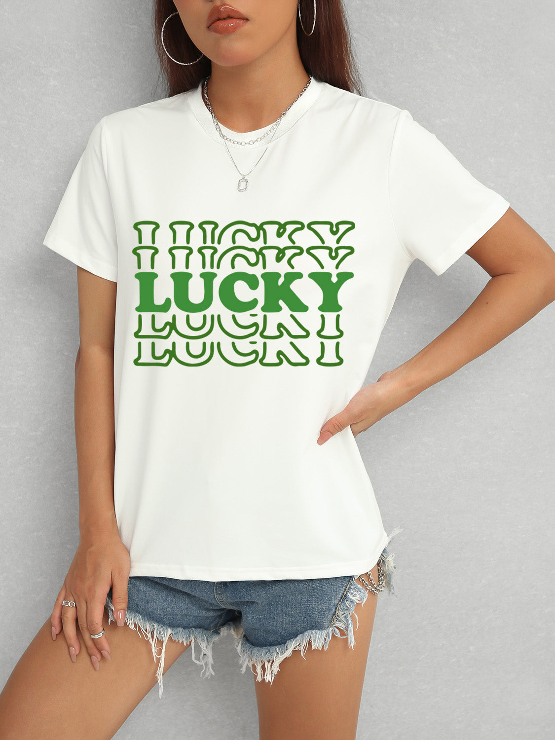 LUCKY Round Neck Short Sleeve T-Shirt - Tantalize Boutique