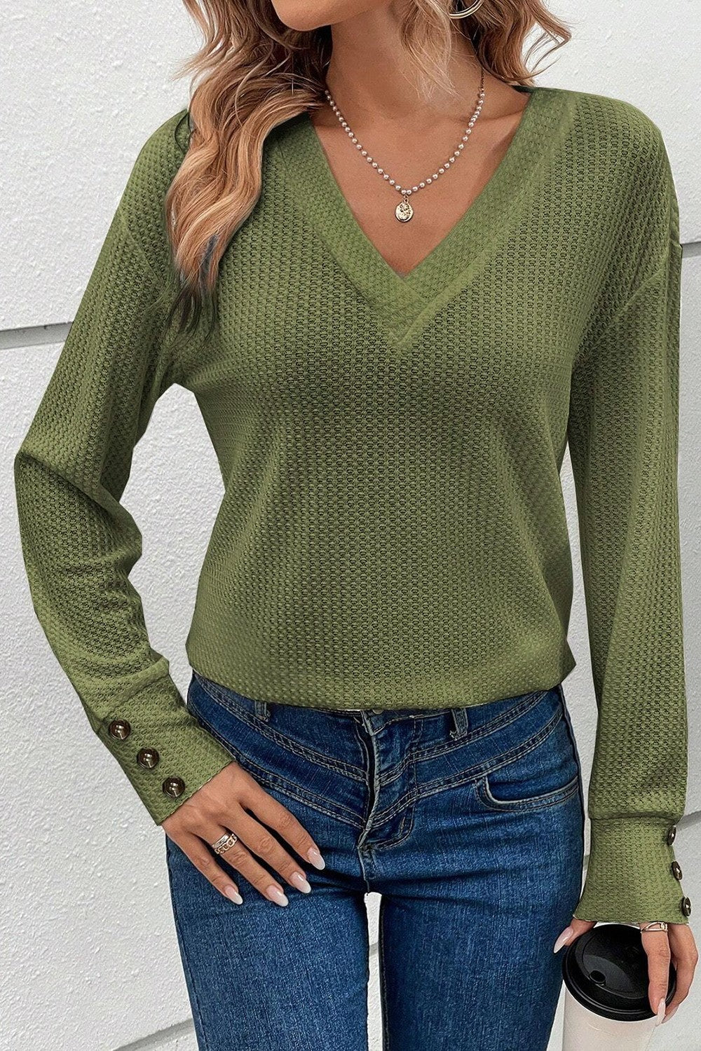 Decorative Button V-Neck Long Sleeve T-Shirt - Tantalize Boutique