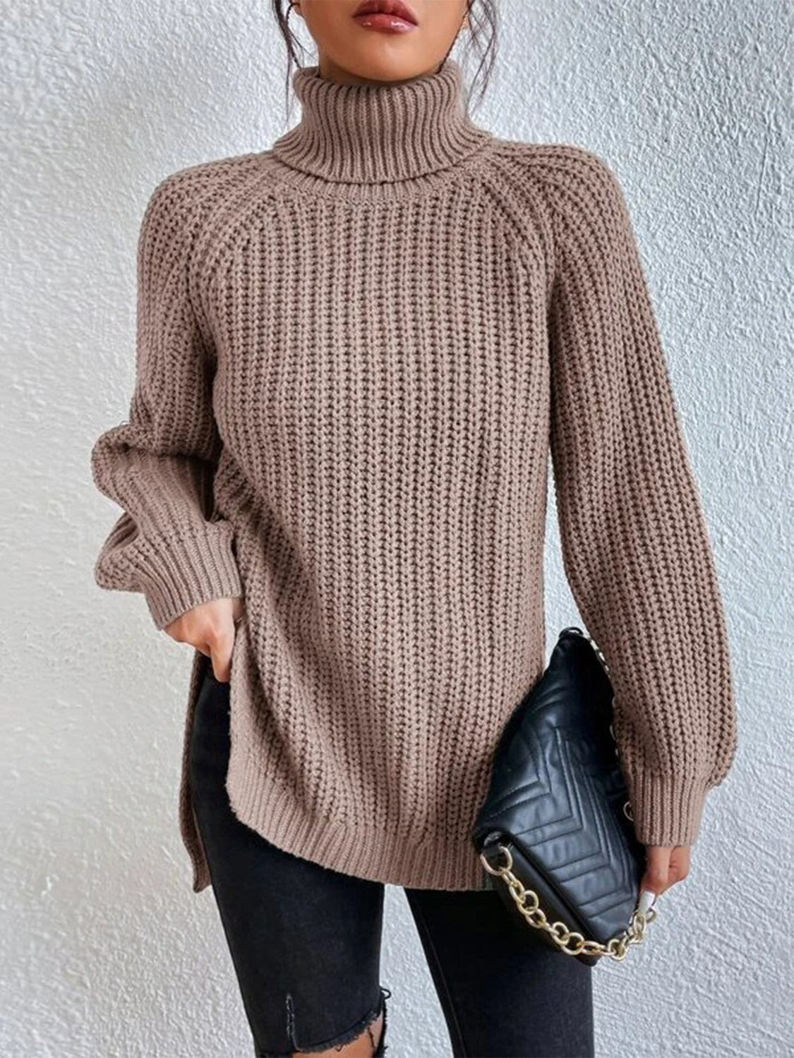 Full Size Turtleneck Rib-Knit Slit Sweater - Tantalize Boutique