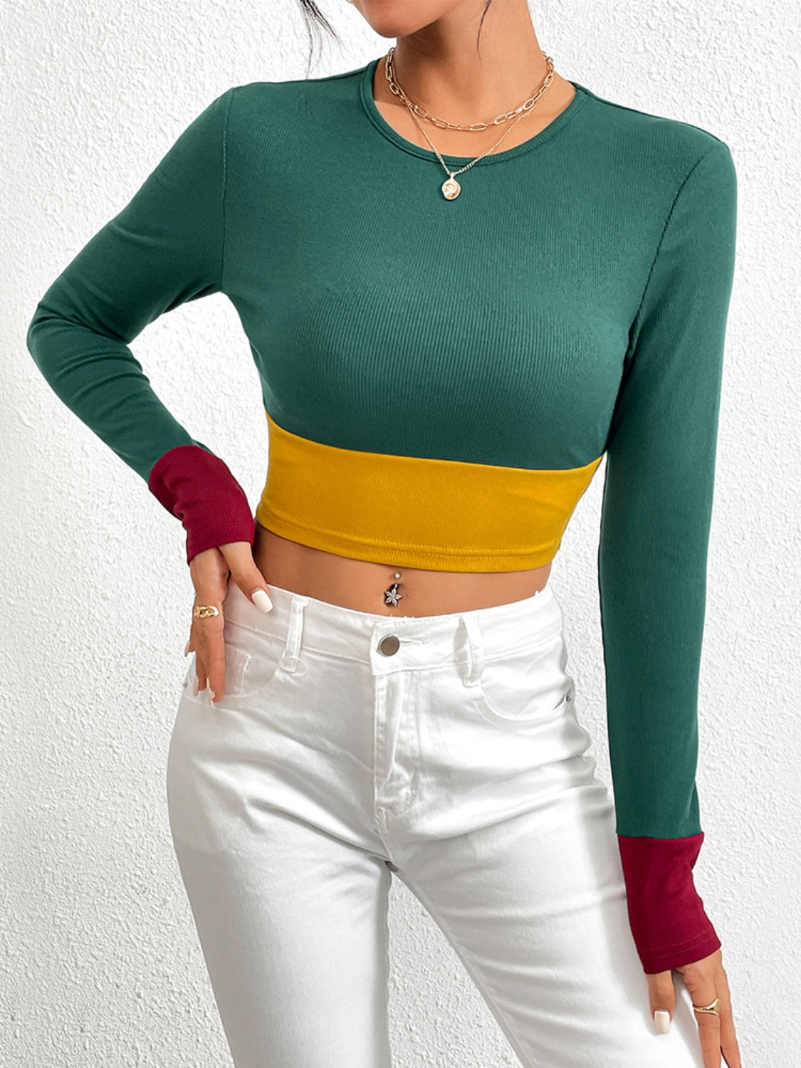 Color Block Round Neck Long Sleeve T-Shirt - Tantalize Boutique