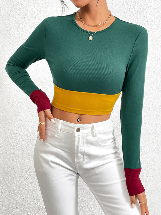 Color Block Round Neck Long Sleeve T-Shirt - Tantalize Boutique
