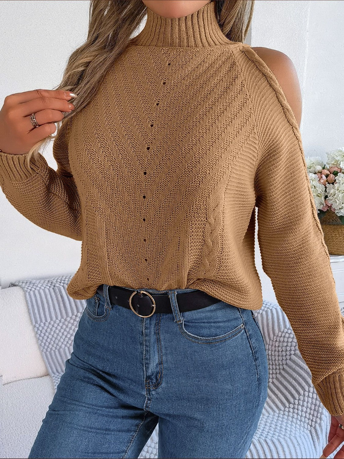 Cable-Knit Turtleneck Cold Shoulder Sweater - Tantalize Boutique