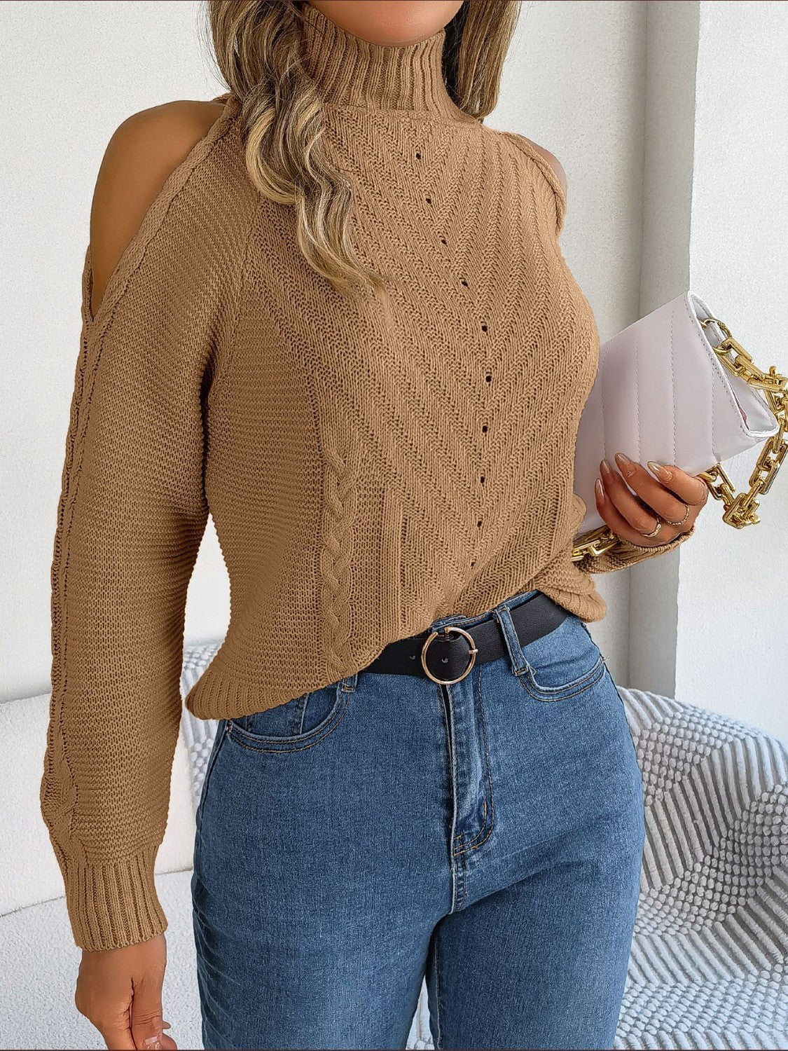 Cable-Knit Turtleneck Cold Shoulder Sweater - Tantalize Boutique