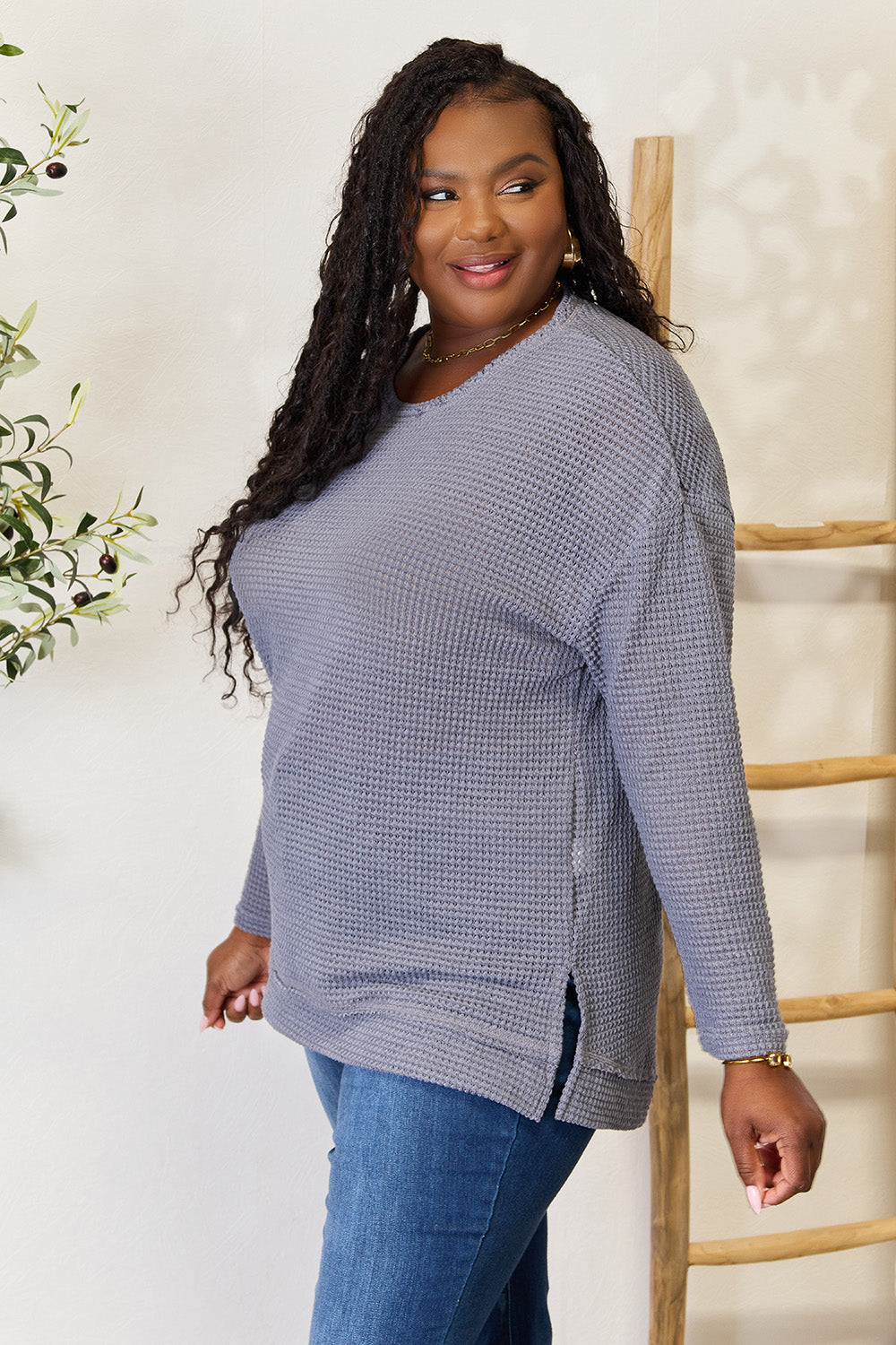 Basic Bae Waffle-Knit Round Neck Long Sleeve Slit Sweatshirt - Tantalize Boutique