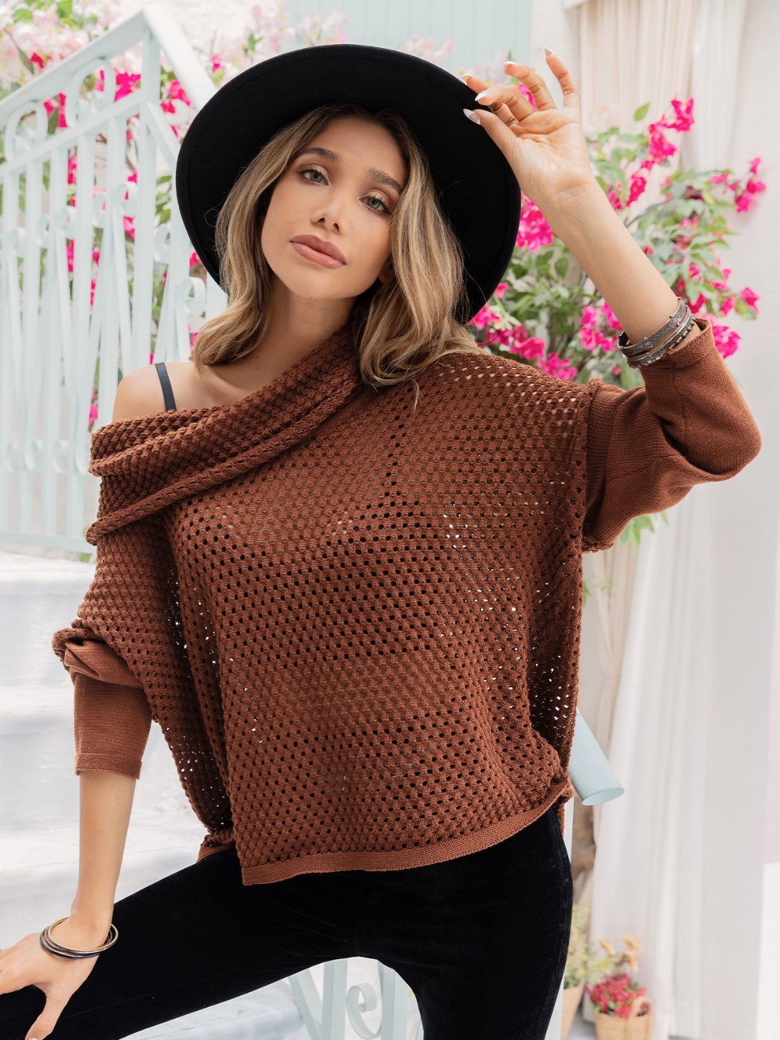 Openwork Mock Neck Dropped Shoulder Sweater - Tantalize Boutique