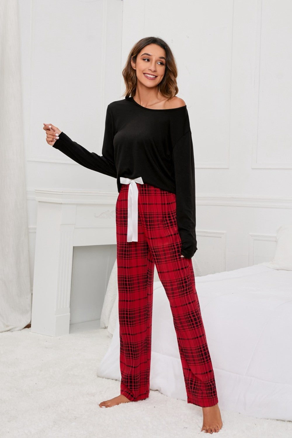 Round Neck Long Sleeve Top and Bow Plaid Pants Lounge Set - Tantalize Boutique