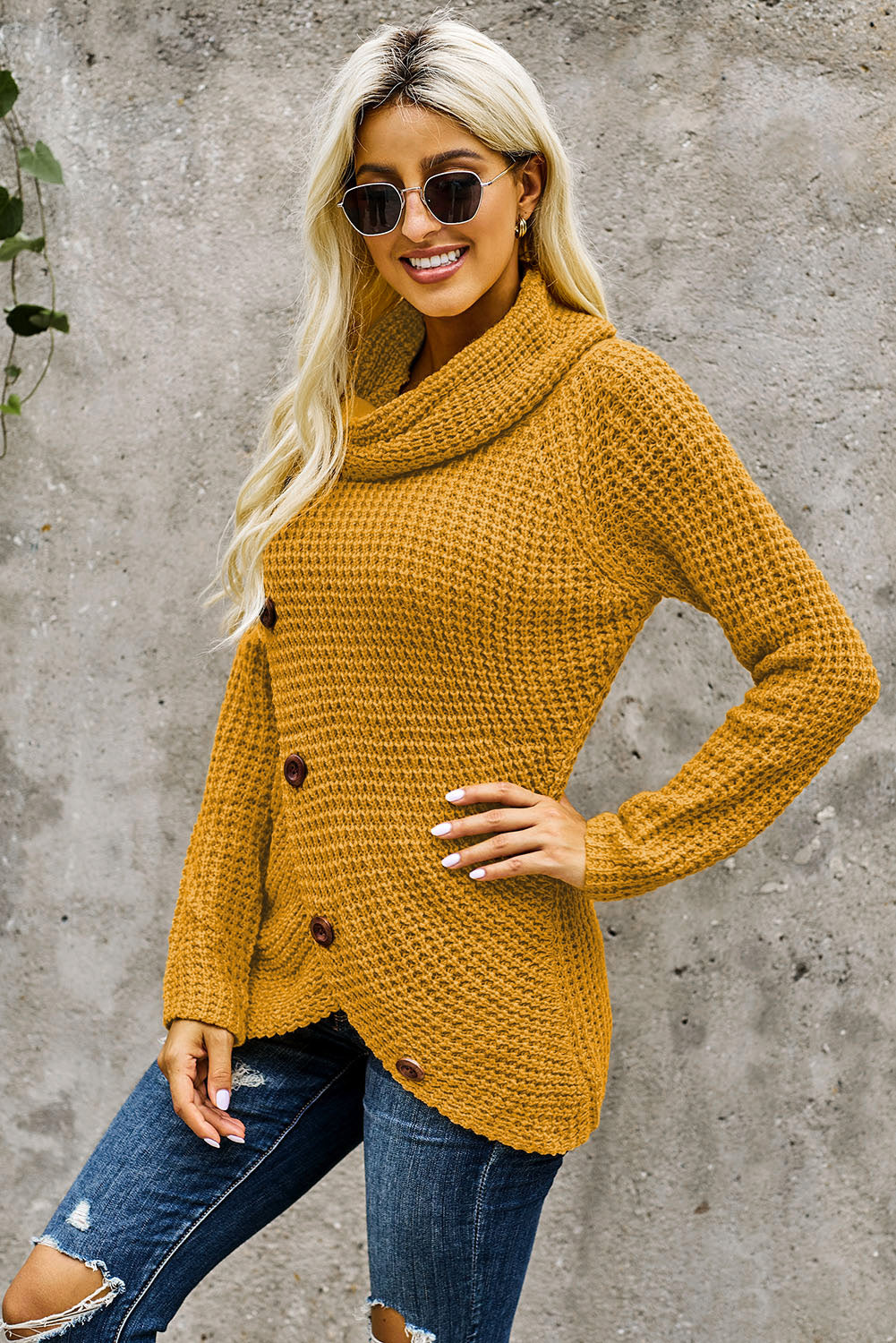 Decorative Button Mock Neck Sweater - Tantalize Boutique