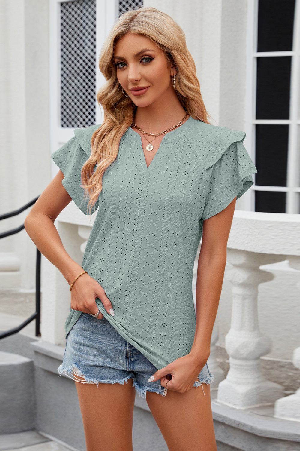 Eyelet Notched Short Sleeve T-Shirt - Tantalize Boutique