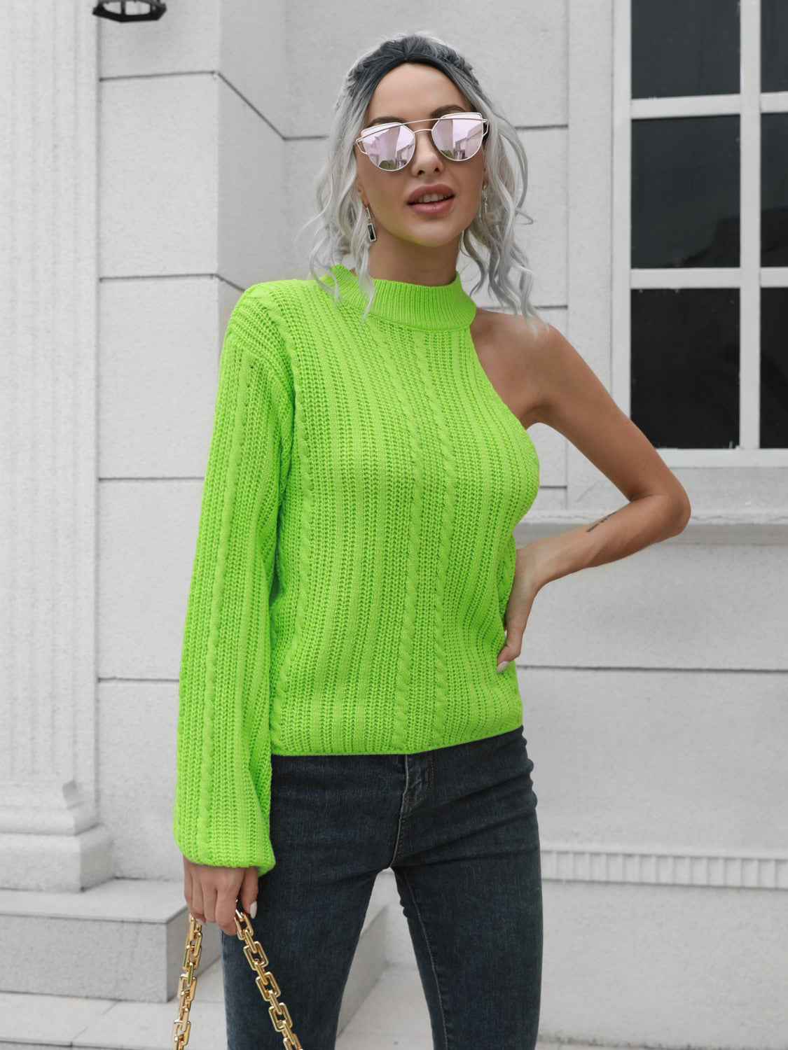 Cable-Knit Round Neck Asymmetrical Sweater - Tantalize Boutique