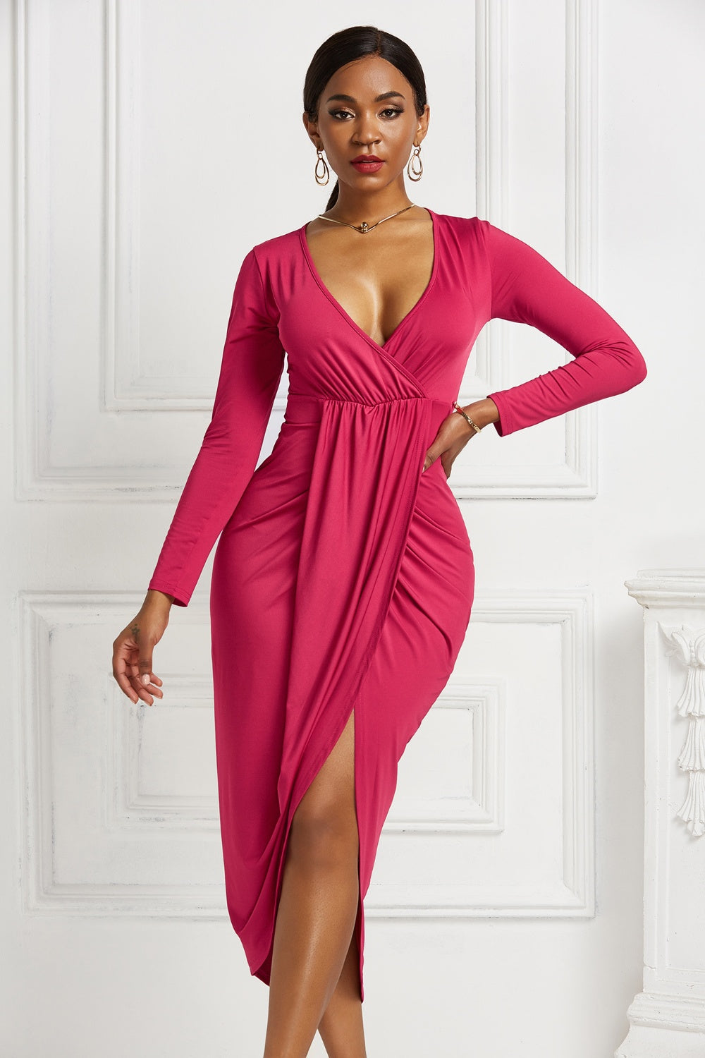 High-low Ruched Surplice Long Sleeve Dress - Tantalize Boutique