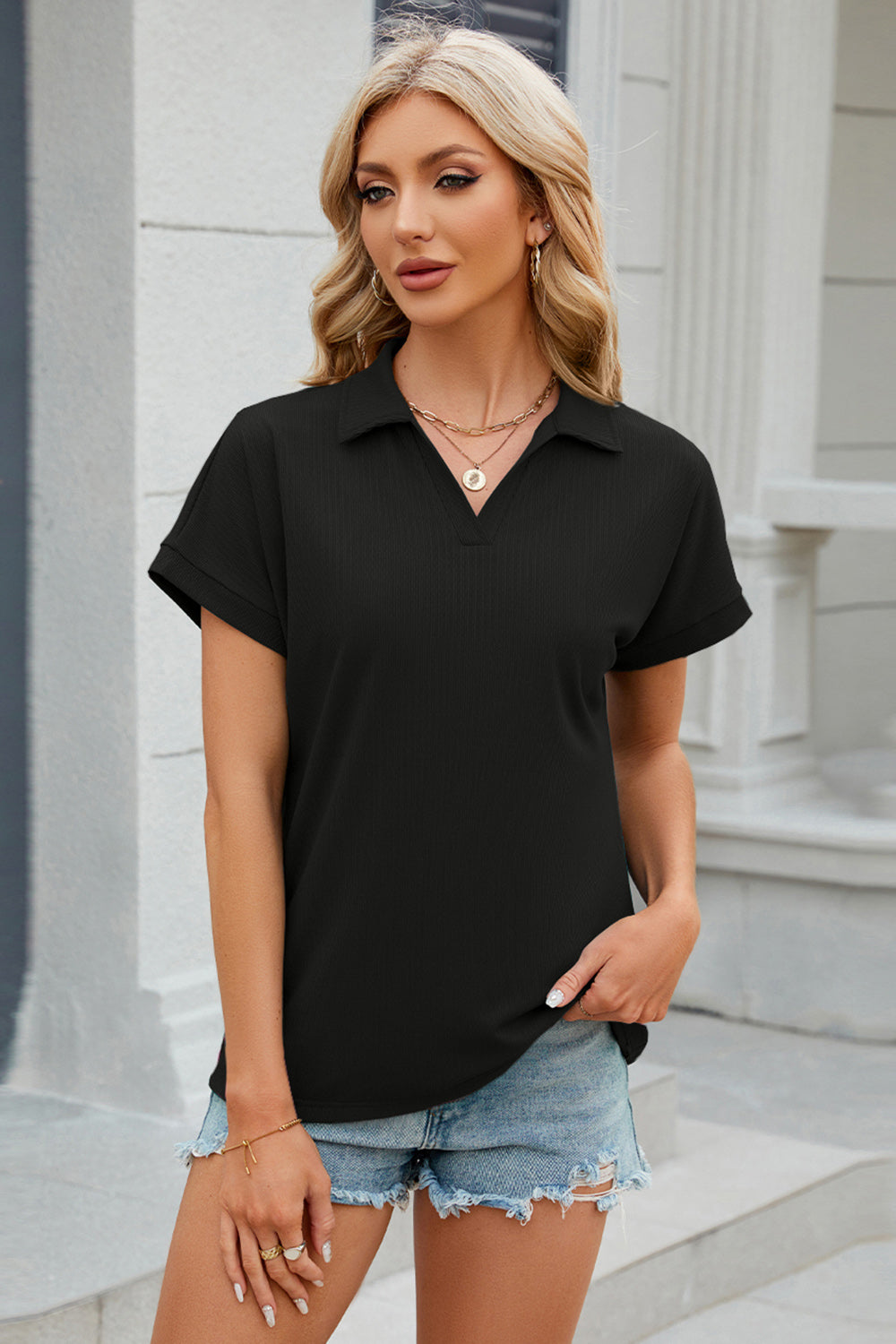 Johnny Collar Short Sleeve Blouse - Tantalize Boutique