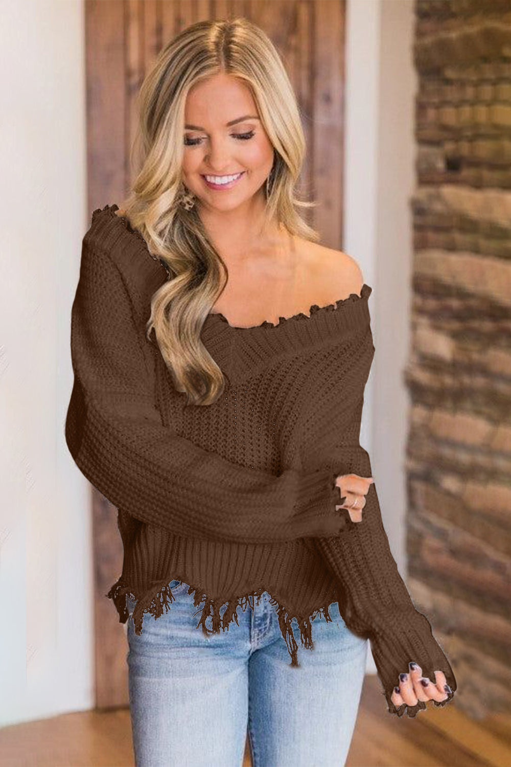 Frayed Hem Dropped Shoulder Sweater - Tantalize Boutique