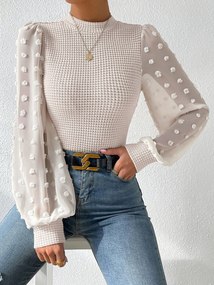 Swiss Dot Waffle-Knit Lantern Sleeve T-Shirt - Tantalize Boutique