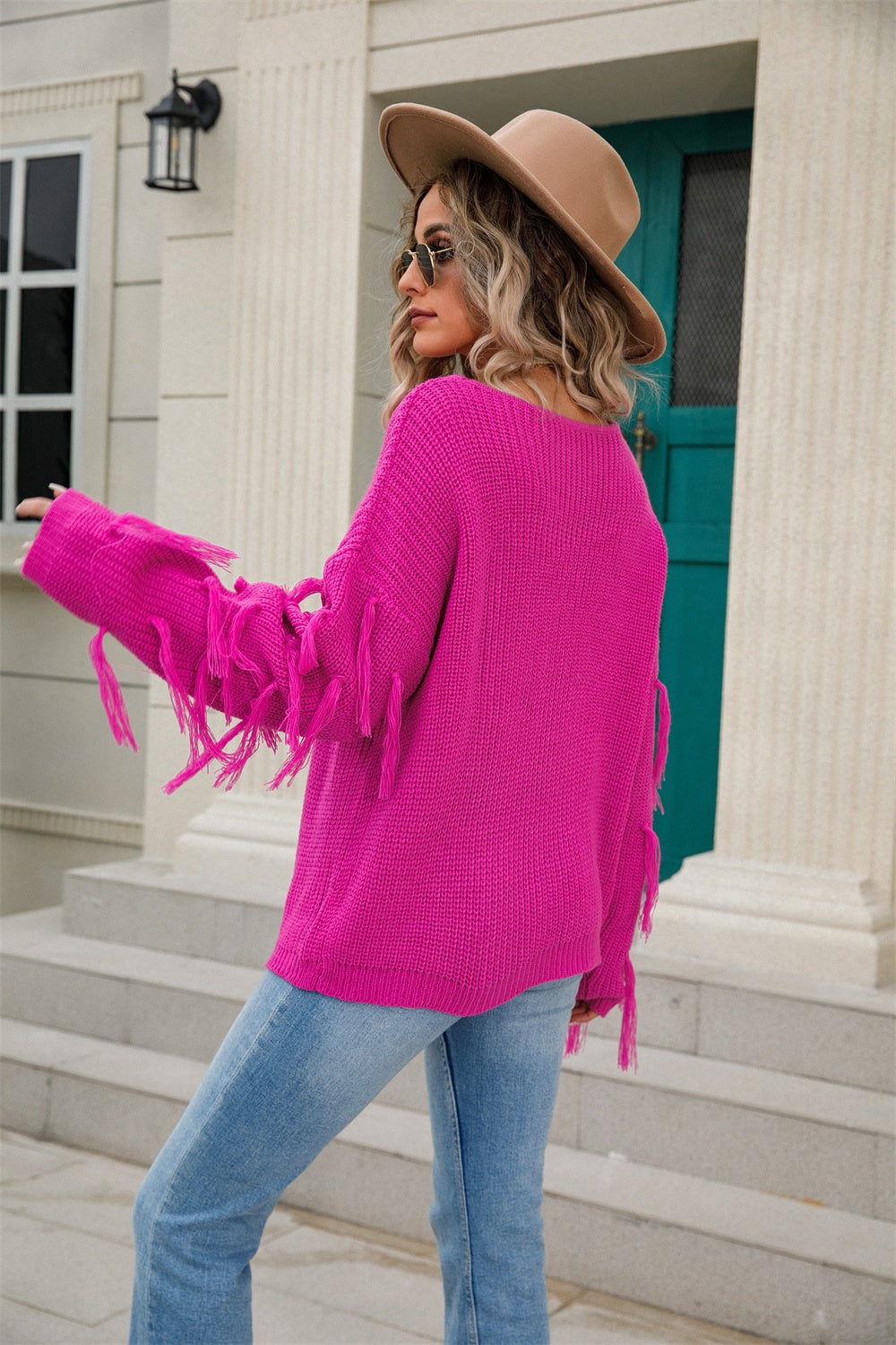 Fringe Round Neck Dropped Shoulder Sweater - Tantalize Boutique