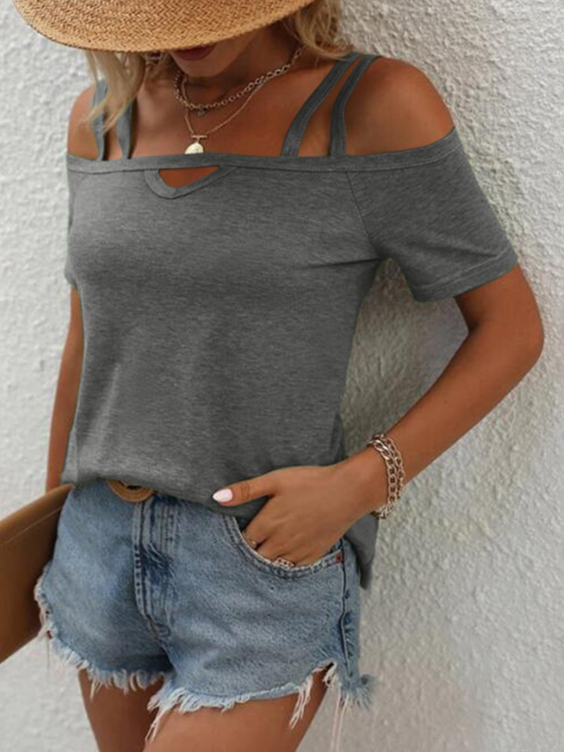 Double Spaghetti Straps Short Sleeve T-Shirt - Tantalize Boutique