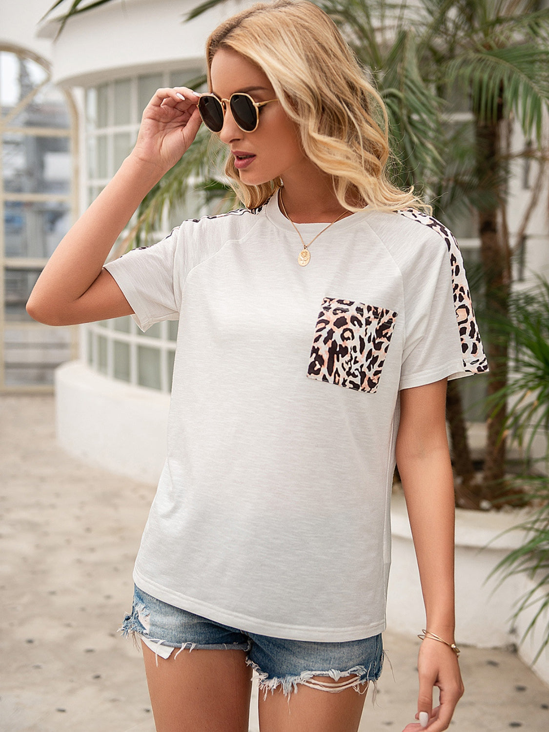 Pocketed Leopard Round Neck Short Sleeve T-Shirt - Tantalize Boutique