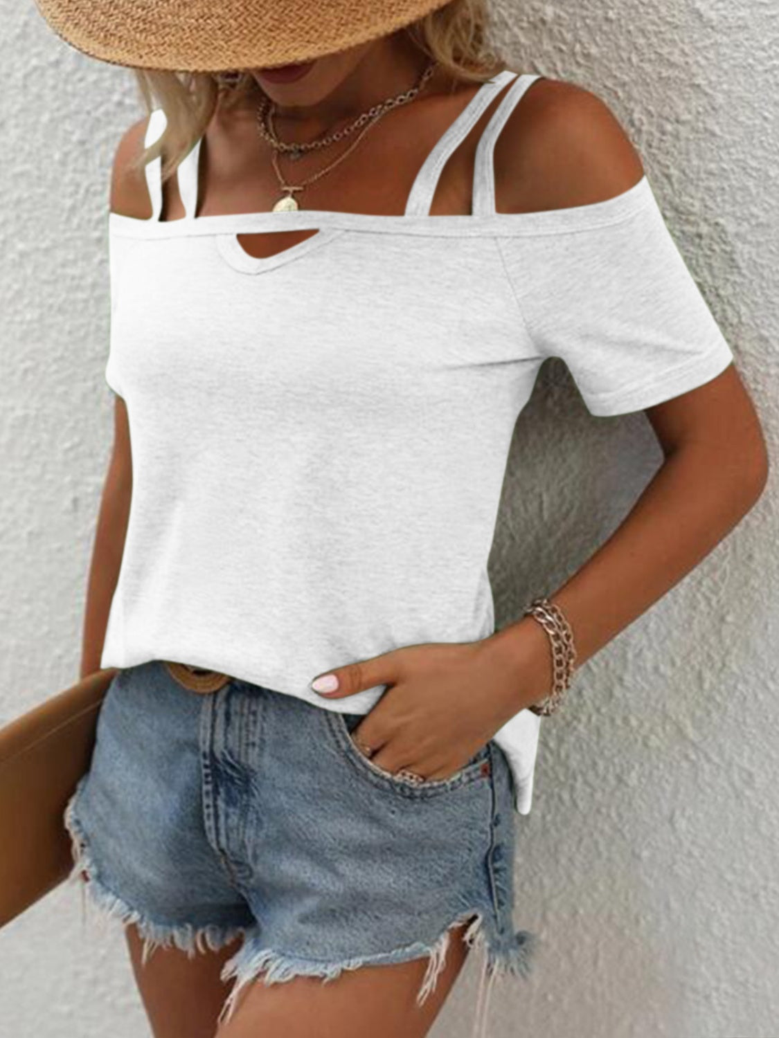 Double Spaghetti Straps Short Sleeve T-Shirt - Tantalize Boutique