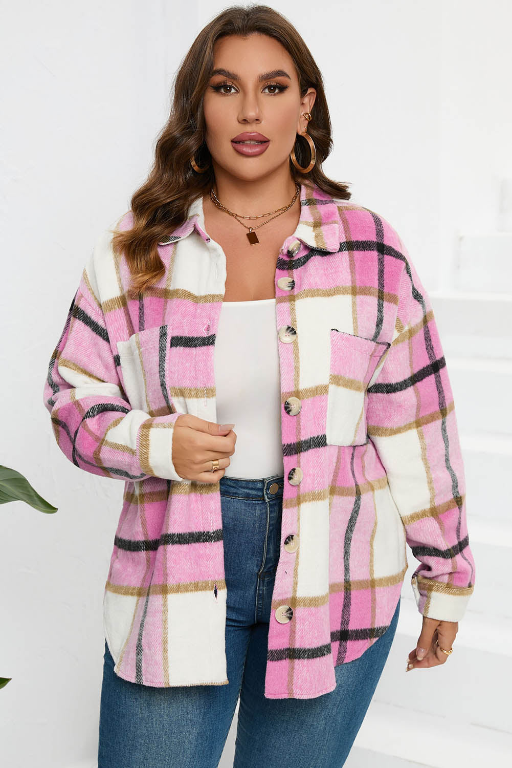 Plaid Button Up Dropped Shoulder Jacket - Tantalize Boutique